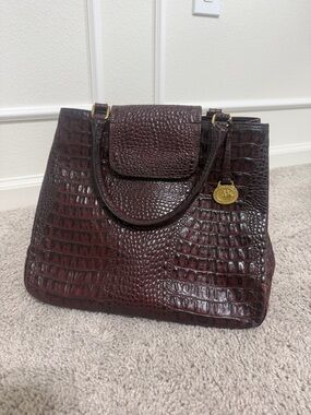 Brahmin Croc-Embossed Top-Handle Satchel in Deep Burgundy with Gold Accent